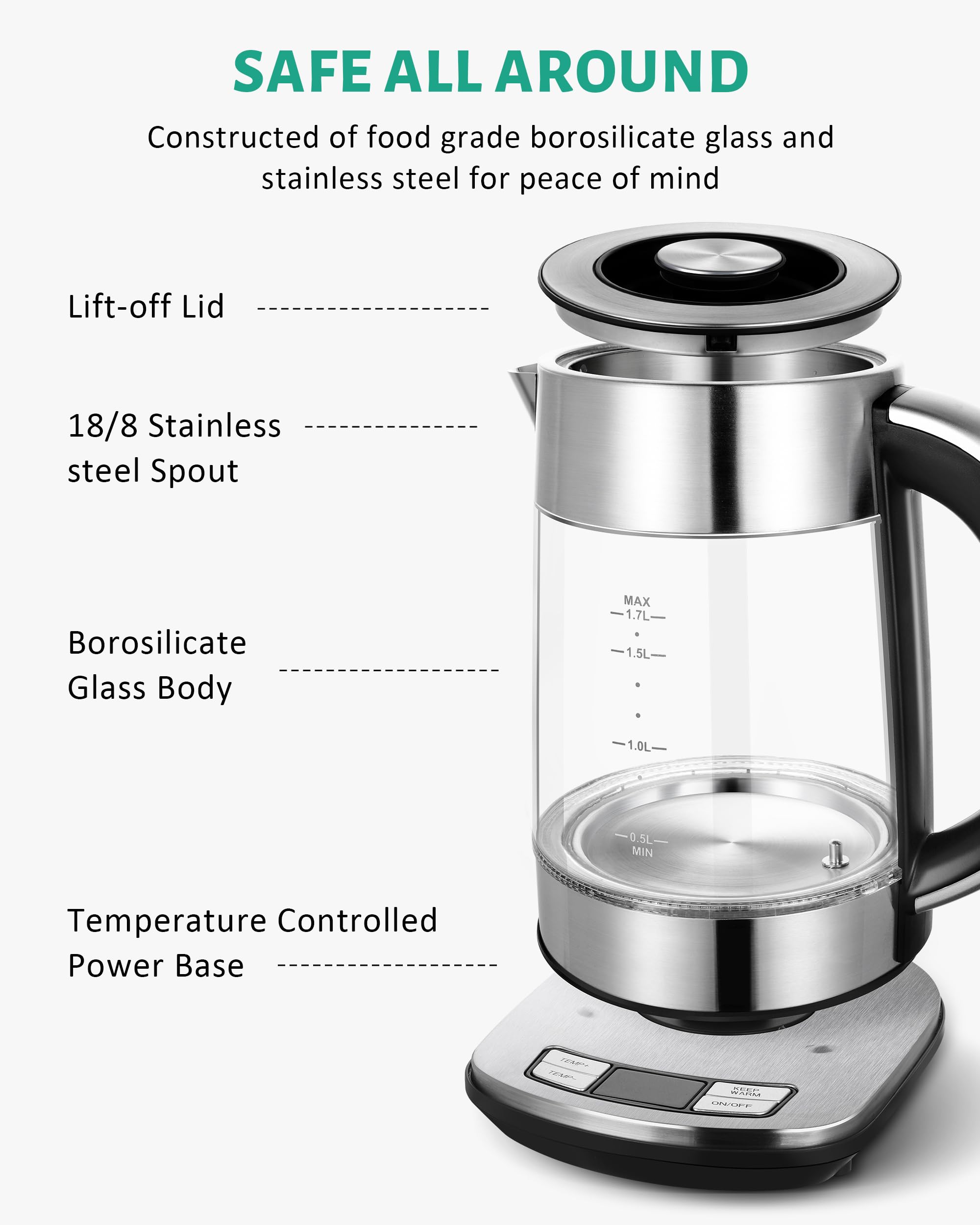 KEINVE Electric Kettle Temperature Control - 1.7L Glass Tea Kettle Electric with Infuser, 60Min Keep Warm & Automatic Shut Off, 1500W Rapid Boil Water Boiler for Loose Tea, Coffee, Oatmeal