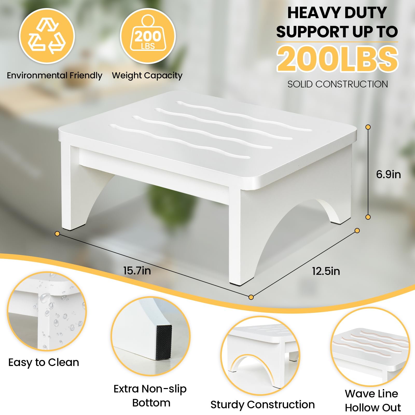 Wooden Step Stool for Adults, One Step Stool with Non-Slip Rubber, Bed Step Stool for High Beds, White Safety Foot Stool for Elderly, Kid(No Assemble Required)