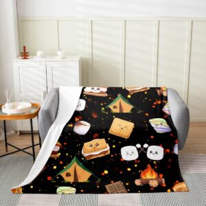 Feelyou Cute Marshmallow Plush Throw Blanket, 40"x50" Kids Cute S'Mores Cookie Flannel Fleece Blanket for Boys Teens Happy Camping All Season,Bed Blanket Outdoor Adventure Room Decor