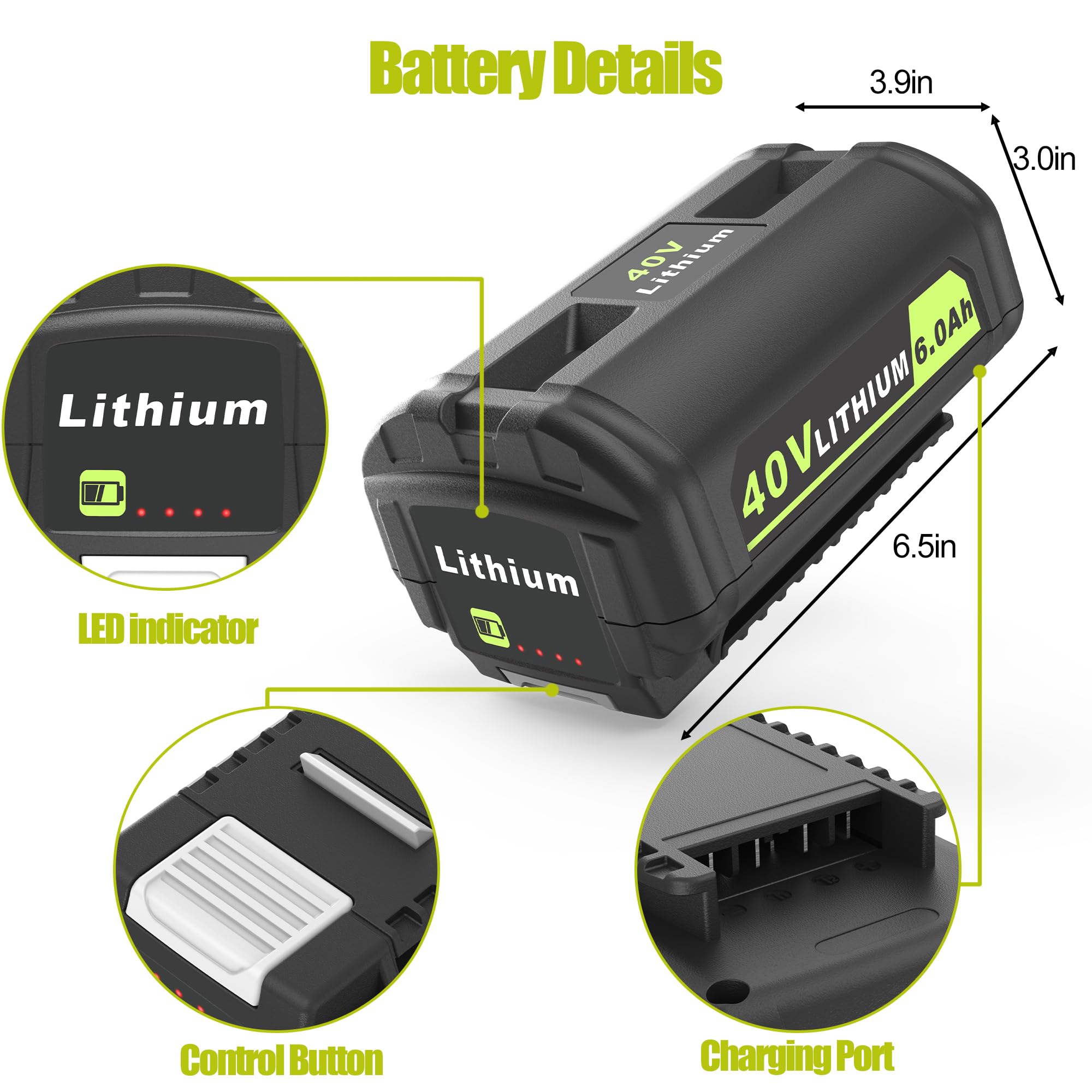 PEYESTEN 6.0Ah Battery Replace for Ryobi 40V Lithium-Ion Battery 6.0Ah OP4040 OP4050A OP40602 OP40201 Compatible with Ryobi 40-Volt Cordless Power Tools and 40V Battery Chargers