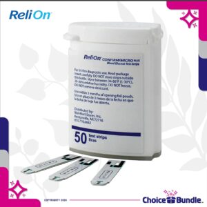 ReliOn Reli on Confirm Micro Blood Glucose Test Strips 50 Ct Choice Bundle (fits Confirm Plus/Micro Plus) + “Food for Life” Guide & Portable Pill Container (3 Items)!