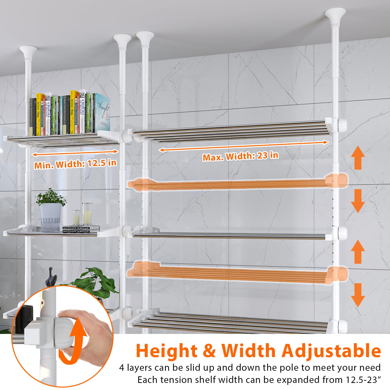 Bathroom Over The Toilet Storage, Over Toilet Organizers Shelves 4.5-9.5 FT Adjustable, 4-Tier Shelf Rack Above Behind Toilet, Wash-Machine, Small Room Space Saver Metal Shelving, White, Rustproof