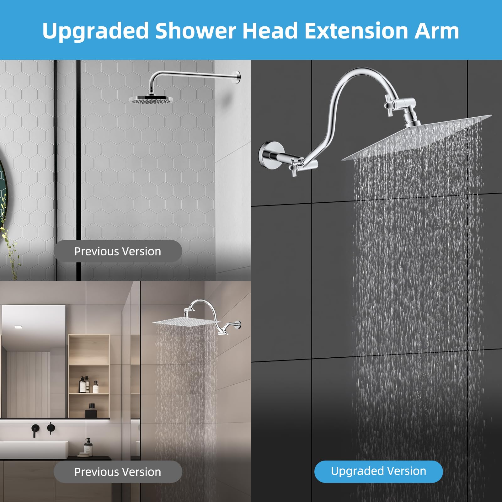 Hibbent All Metal Upgraded 18'' Shower Head Extension Arm, Shower Arm with Flange, Solid Brass Flexible Height & Angle Adjustable Shower Arm Extender with Lock Joint, Universal Connection, Chrome