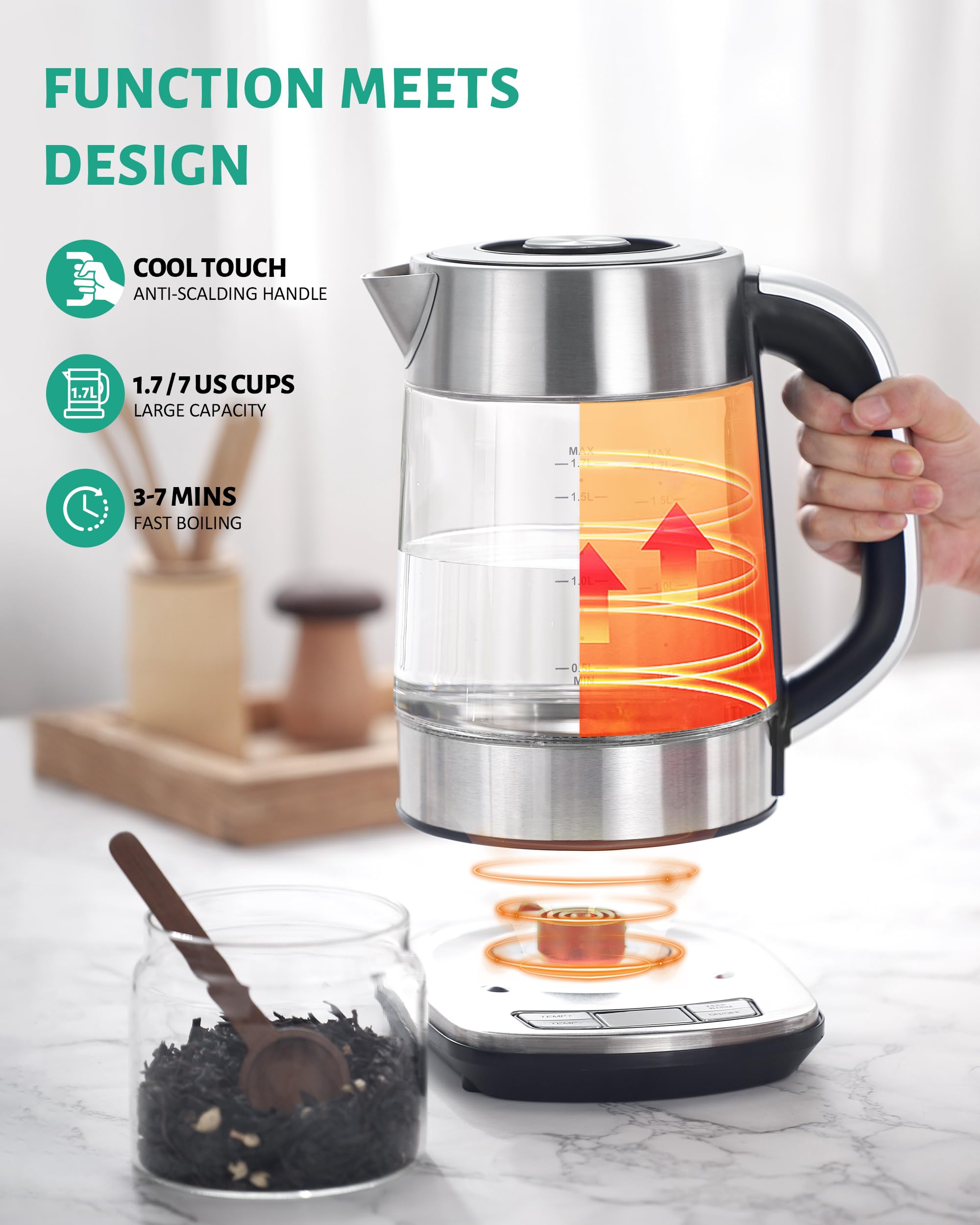 KEINVE Electric Kettle Temperature Control - 1.7L Glass Tea Kettle Electric with Infuser, 60Min Keep Warm & Automatic Shut Off, 1500W Rapid Boil Water Boiler for Loose Tea, Coffee, Oatmeal