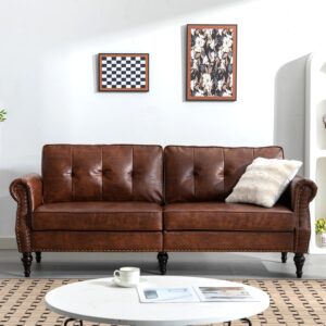 dify 80” leather faux loveseat sofa, mid-century modern couch with soft cushion and firm structure, perfect furniture for living room, bedroom, small space.(dark brown)