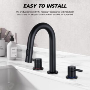 HGN Widespread Bathroom Faucet 3 Hole 8 inch Bathroom Sink Faucet with Pull Down Sprayer Pull Out Bathroom Faucet with Pop-Up Drain 2 Handle Black Bathroom Faucet