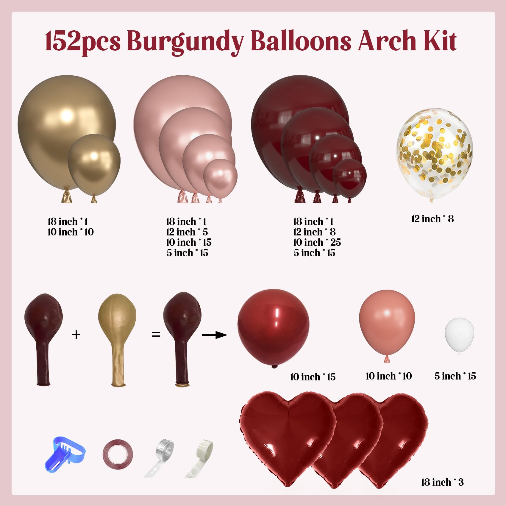 152Pcs Burgundy Balloons Arch Garland Kit Birthday Decorations for Women Girls Double-stuffed Burgundy Rose Gold Heart Balloons for Bridal Shower Wedding Bachelorette Anniversary Wine Party Supplies