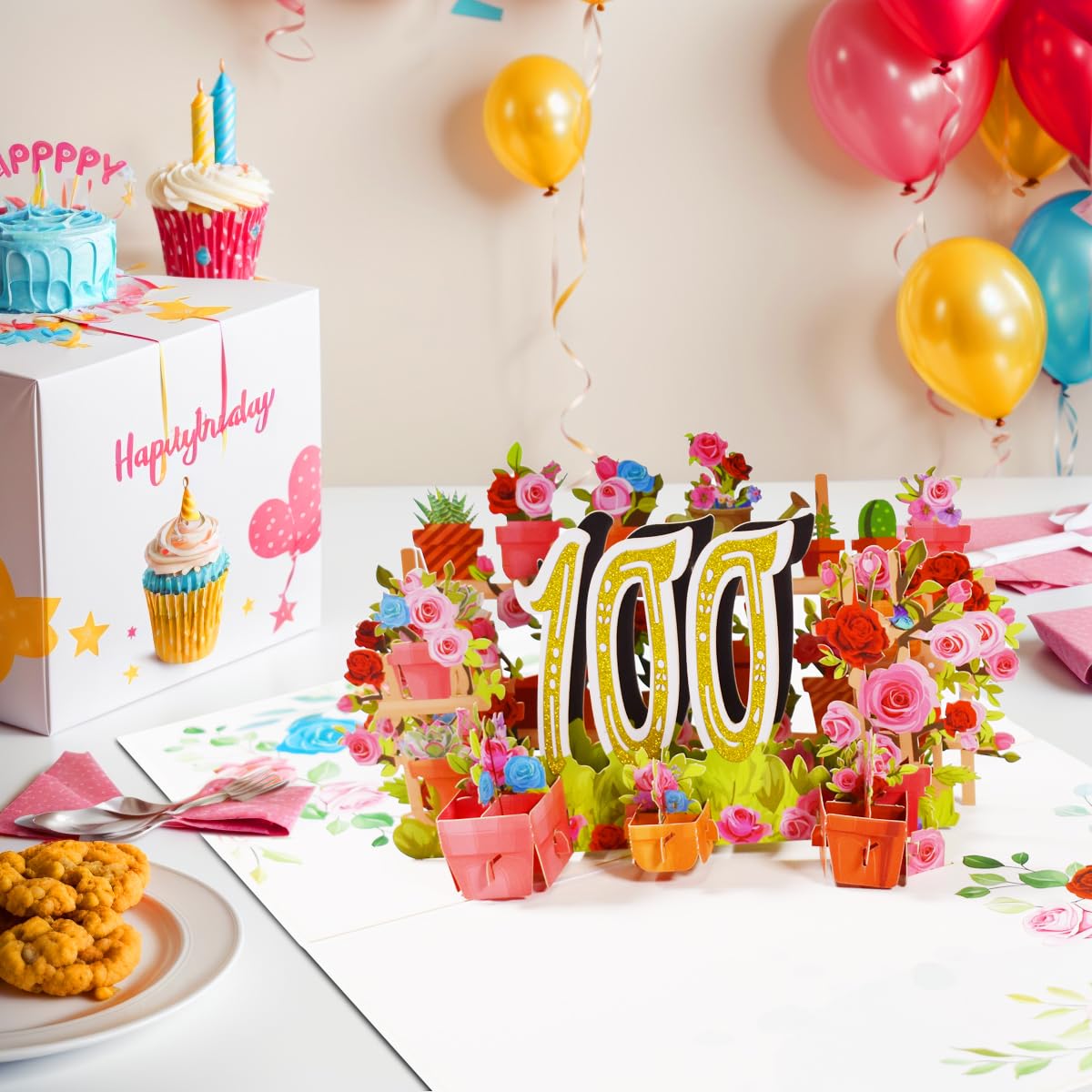 CNLITIHEKA 100th Birthday Card Pop Up 100th Birthday Cards Happy 100th Birthday Card 3D Flower Birthday Greeting Cards for Men Women Husband Wife Mom Dad Grandma Grandpa Friends.