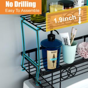 FOYKUED Over The Toilet Storage Shelf, 2-Tier No Drilling Small Bathroom Shelves Over Toilet with Storage Basket/Paper Holder/Hooks (Cast Iron, Matte, Black, 1 Pc)