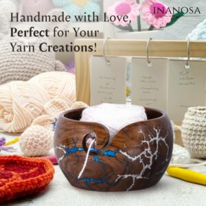 Large Wooden Yarn Bowl 7x4 Inches - Cute Wood Bowl/Holder for Knitting & Crocheting Lovers from Craft Supplier Brand INANOSA - Gift Ideas for Christmas and Mother's Day - Blue & White