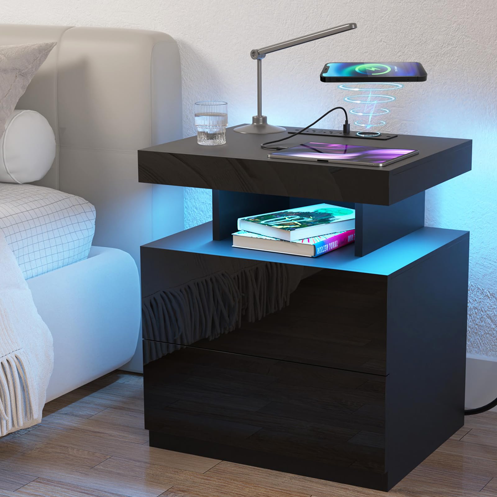 HOMMPA Black LED Nightstand with Charging Station 2 Outlets USB Port Type C, Bed Side Table with 2 Drawers & Wireless Charging Station, Smart LED Nightstand Modern High Gloss Night Table with Light