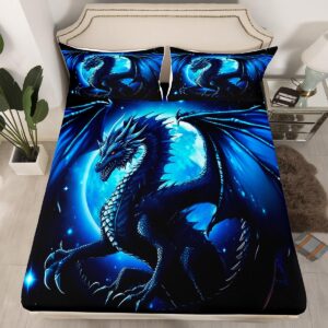 dragon fitted sheet twin size,starry sky moon night bedding set 2pcs for kids boys teens men room decor,3d animals bed sheet western dragon black blue deep pocket sheet,1 pillowcase