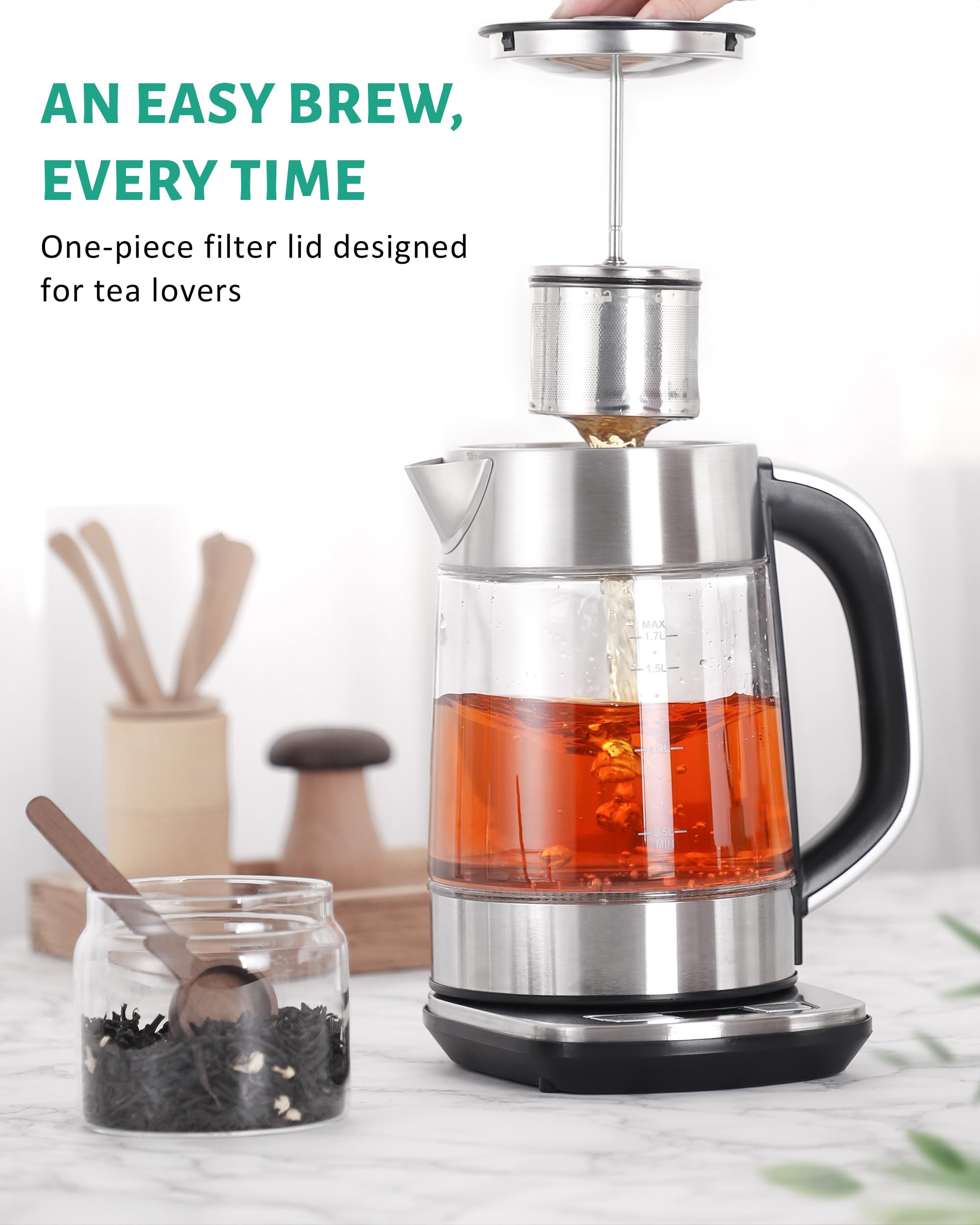 KEINVE Electric Kettle Temperature Control - 1.7L Glass Tea Kettle Electric with Infuser, 60Min Keep Warm & Automatic Shut Off, 1500W Rapid Boil Water Boiler for Loose Tea, Coffee, Oatmeal