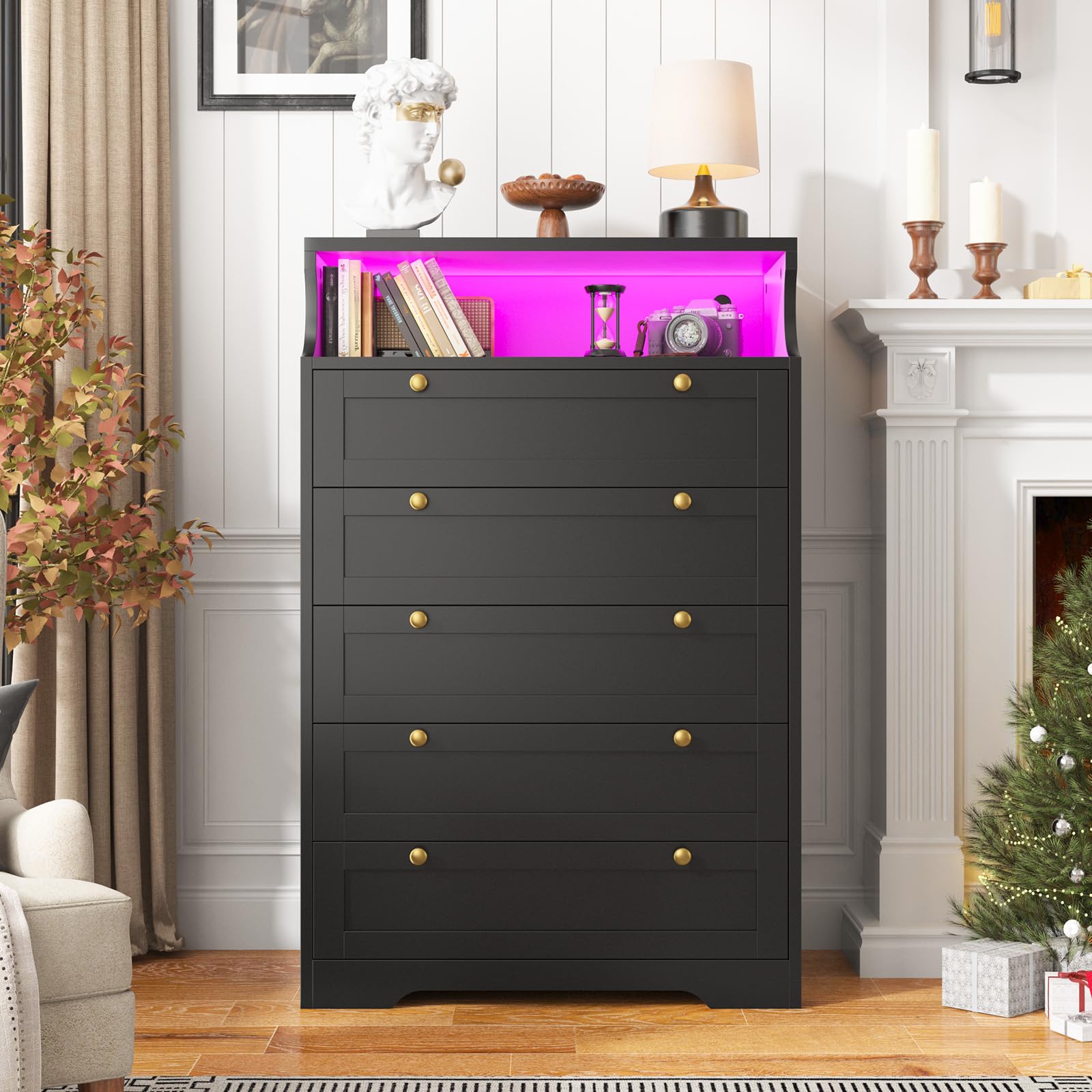 EnHomee 5 Drawer Dresser with LED, Black Dresser for Bedroom, Bedroom Dressers & Chests of Drawers, Tall Dresser with Deep Drawers for Bedroom Hallway Closet