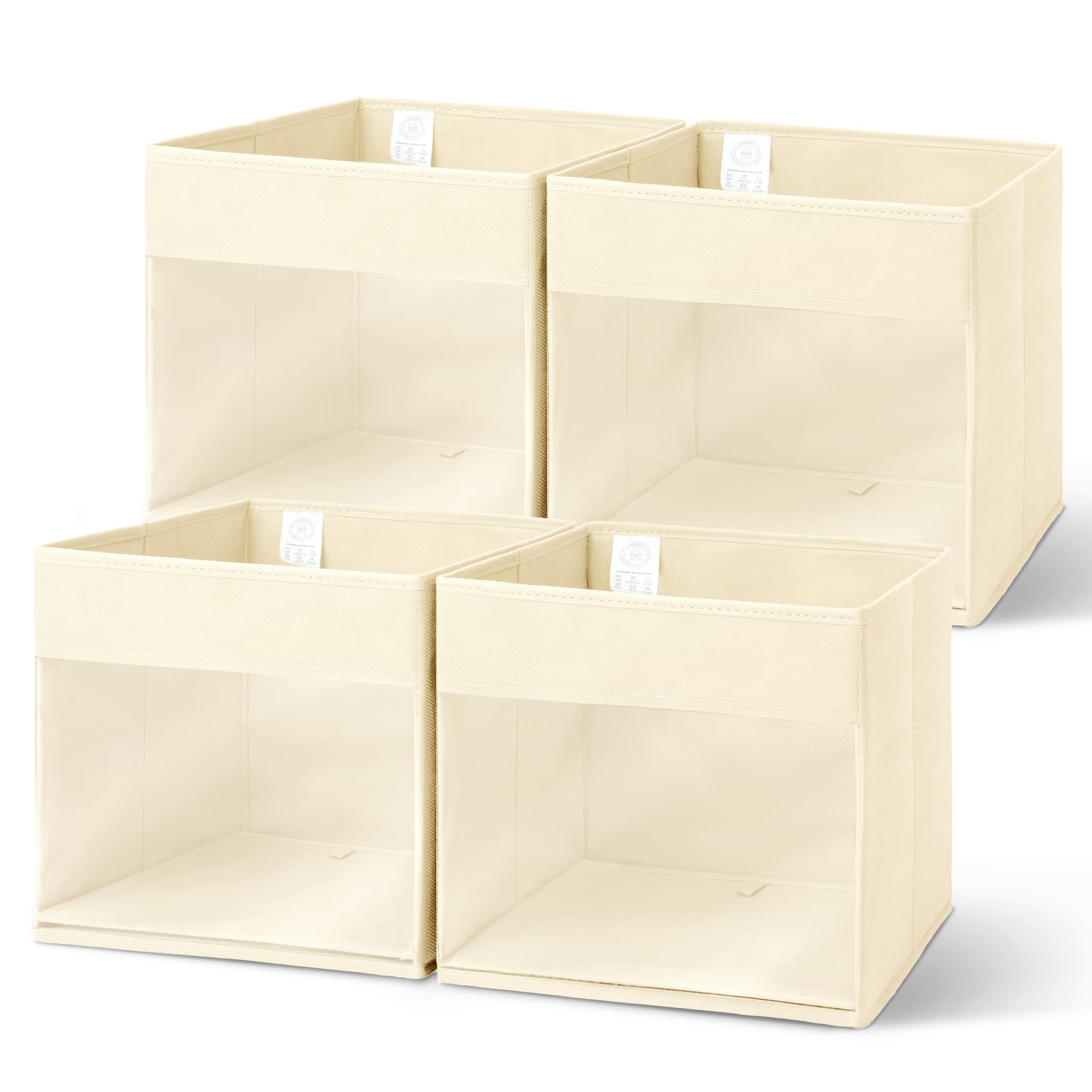 GRANNY SAYS Cube Storage Bins, 13 Inch Cube Storage Bins, Clear Cube Storage Bins, Cubby Storage Organizer Bins with Window, Fabric Cube Storage Bins, 4 Pack Storage Cubes Organizer, Beige