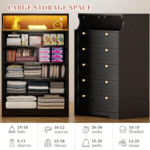 EnHomee 5 Drawer Dresser with LED, Black Dresser for Bedroom, Bedroom Dressers & Chests of Drawers, Tall Dresser with Deep Drawers for Bedroom Hallway Closet