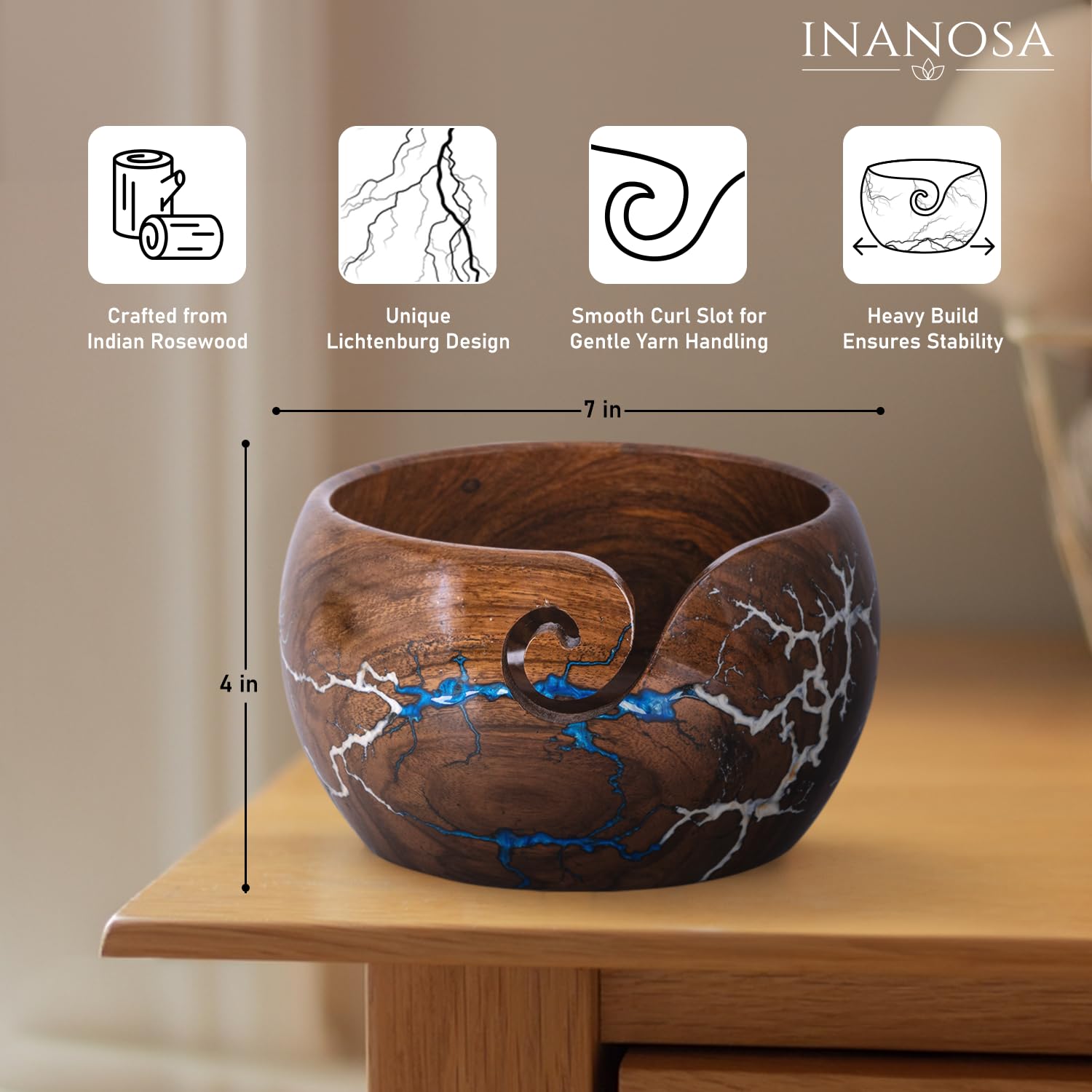 Large Wooden Yarn Bowl 7x4 Inches - Cute Wood Bowl/Holder for Knitting & Crocheting Lovers from Craft Supplier Brand INANOSA - Gift Ideas for Christmas and Mother's Day - Blue & White