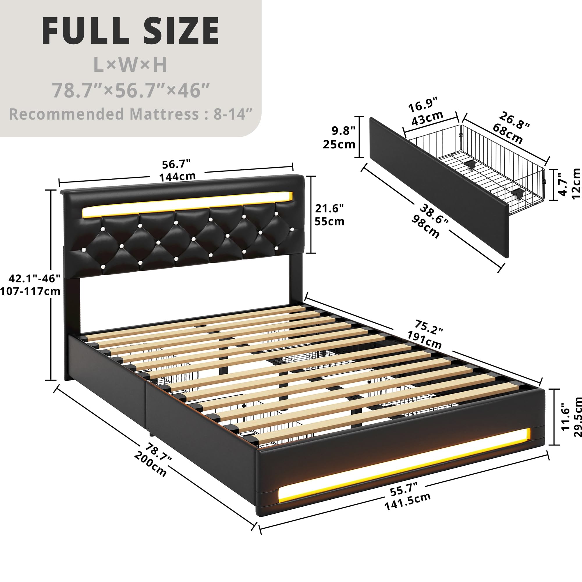 LIKIMIO Full Size Bed Frame with LED Light, PU Leather Platform Bed Frame with 4 Drawers, Adjustable Crystal Button Tufted Headboard, No Box Spring Needed, Black