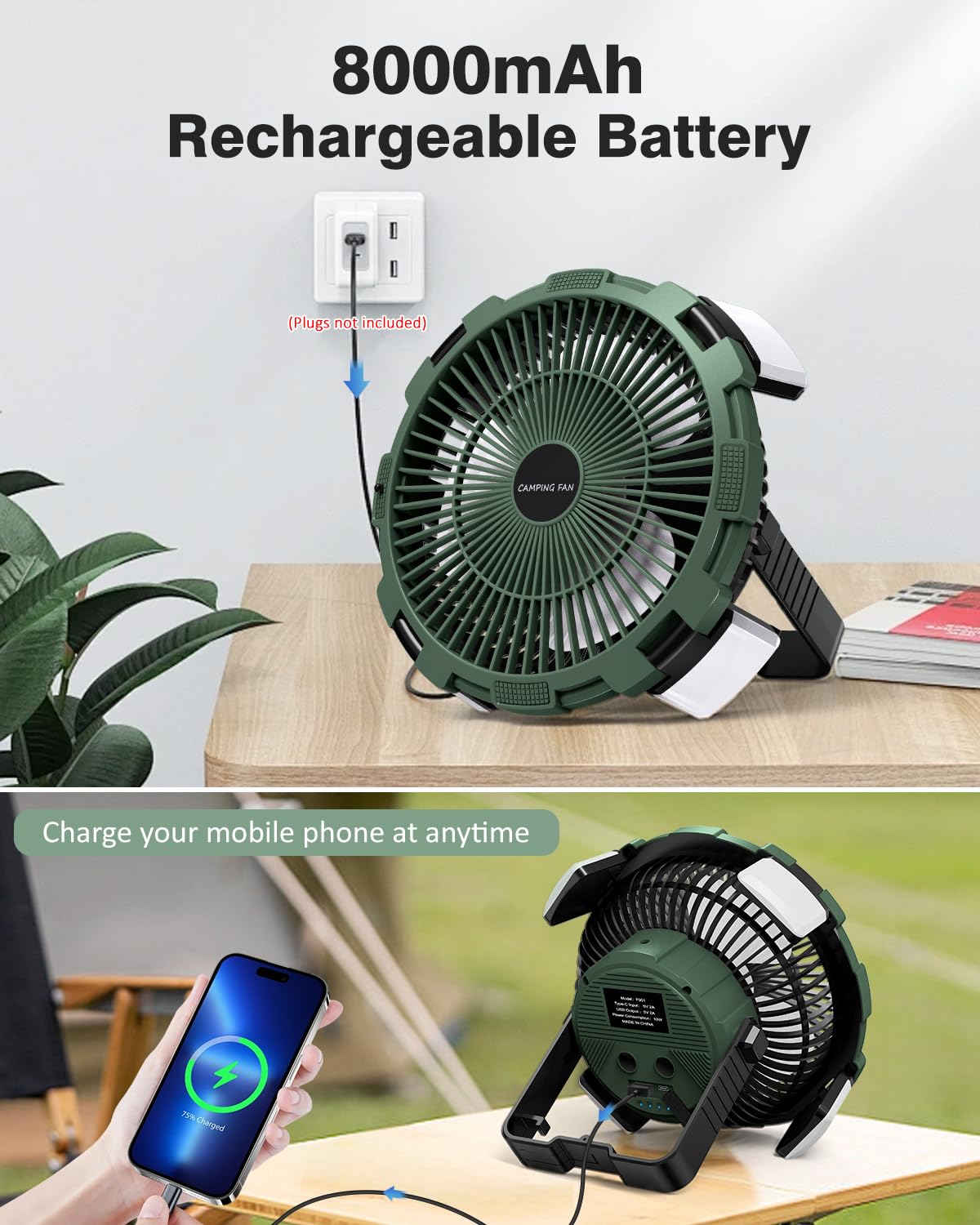 Camping Fan with LED Lantern, 8000mAh Rechargeable Battery Powered Tent Fan for Camping Hanging, Camping Outdoor Fan with Remote, 4 Speed Camping Fan for Tents,Travel,Home,Fishing,Sleep,Emergency