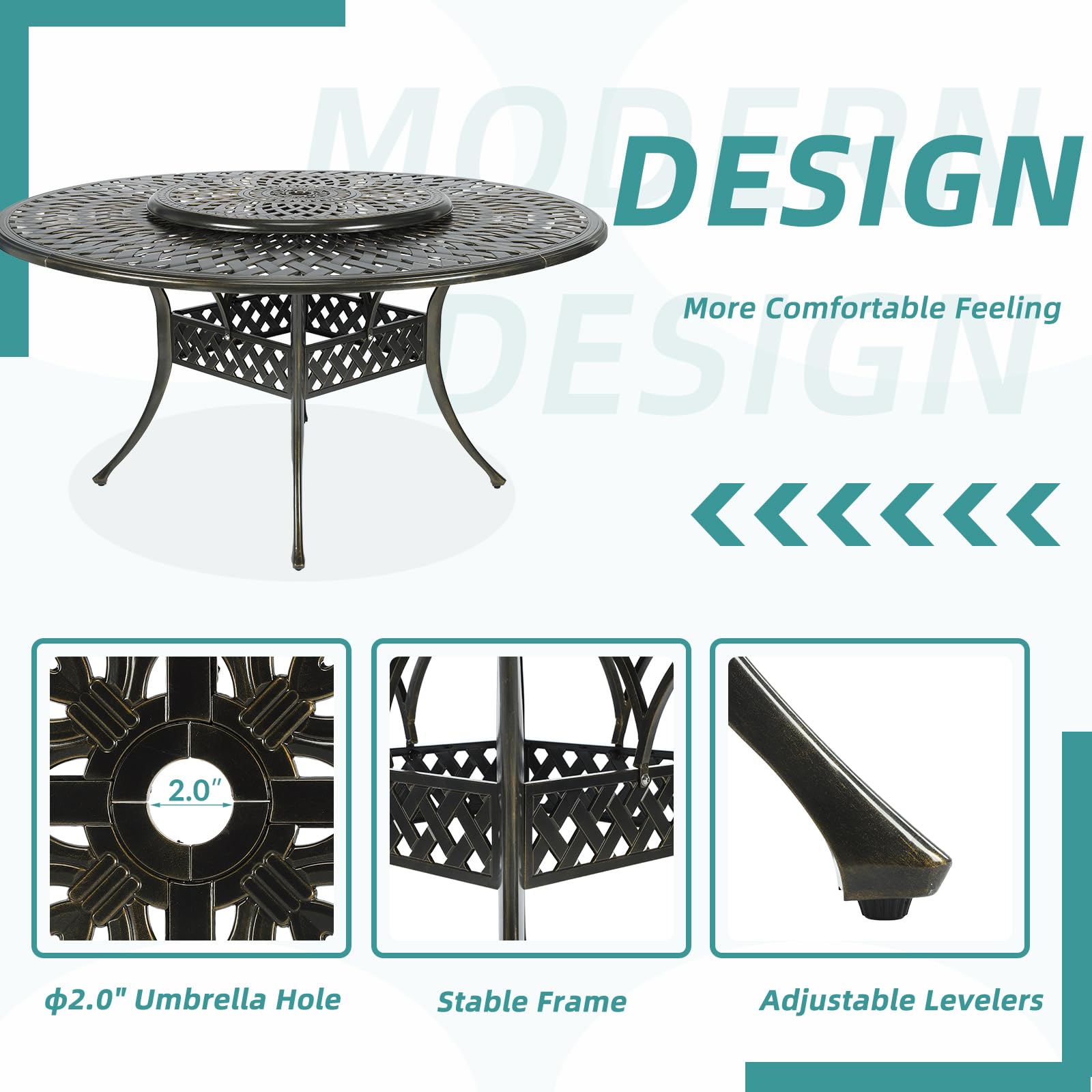 MEETWARM 9-Piece Outdoor Furniture Dining Set, All Weather Cast Aluminum Patio Garden Set- 8 Cushioned Chairs, 61" Round Patio Dining Table with Detachable Lazy Susan, 2" Umbrella Hole, Ocean Blue