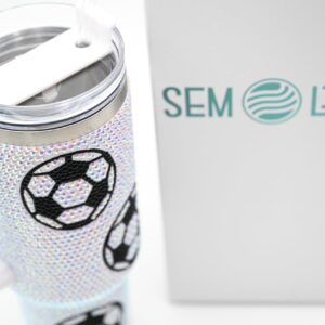 SEM LIFE 40 Oz Rhinestone Bling Tumbler with Handle and Straw (SOCCER), Stainless Steel and Double Wall Insulated