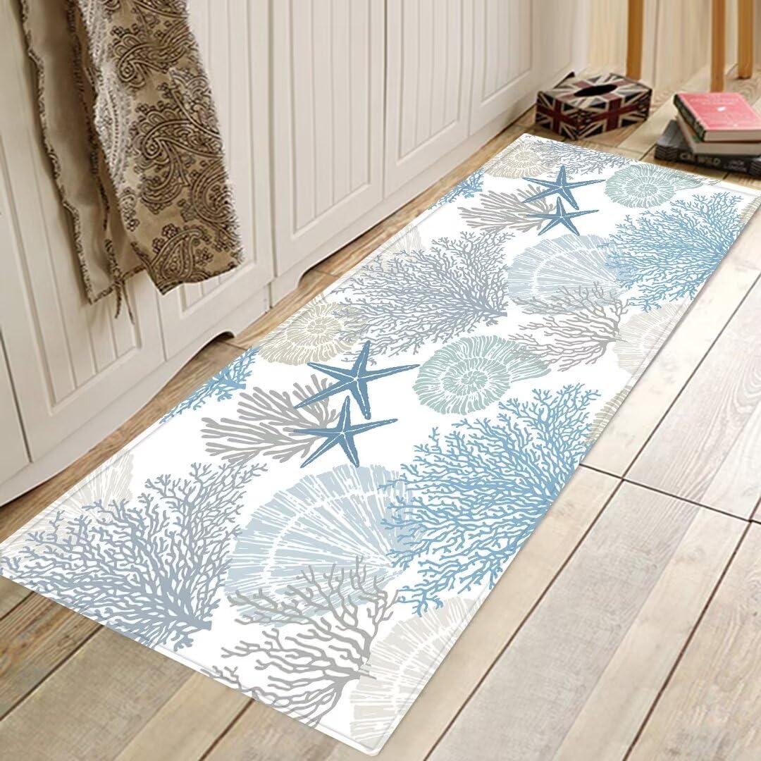 Beach Coastal Runner Rug for Hallway 2x6 Starfish Ocean Theme Throw Rug Teal Blue Area Rug Nautical Hallway Rugs Non-Slip Floor Carpet for Bedroom Laundry Room Entrance Door Mat Washable Kitchen Rugs