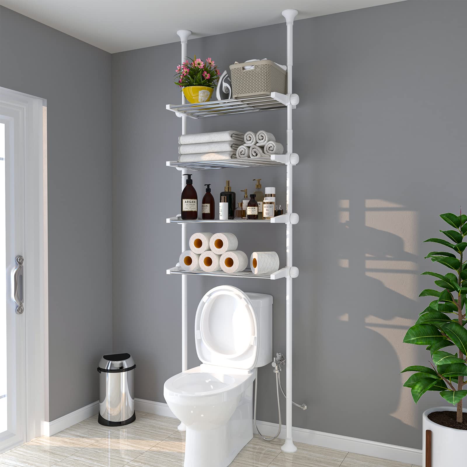 Bathroom Over The Toilet Storage, Over Toilet Organizers Shelves 4.5-9.5 FT Adjustable, 4-Tier Shelf Rack Above Behind Toilet, Wash-Machine, Small Room Space Saver Metal Shelving, White, Rustproof