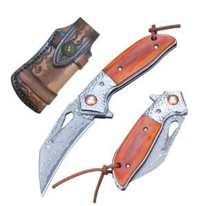 tusonac hunting folding knife with leather sheath, protable pocket knife for men, handmade forged vg10 damascus steel knife with engraved steel bolster, for camping, hiking and daily