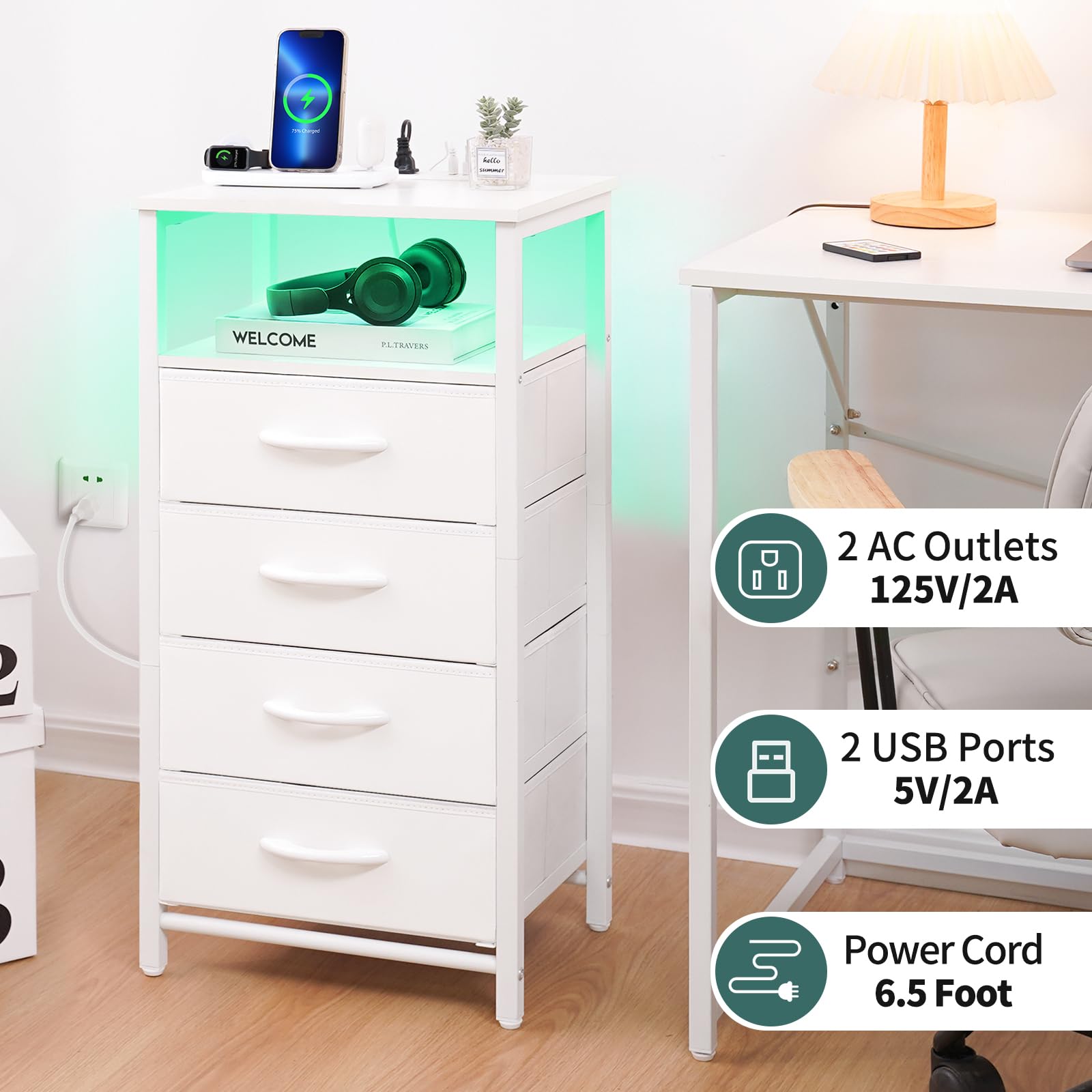 Yoobure Night Stand - LED White Nightstand with Charging Station, Bedside Table with 4 Storage Drawers and Storage Shelf, End Table with USB Ports and Outlets, Tall Dresser for Bedroom