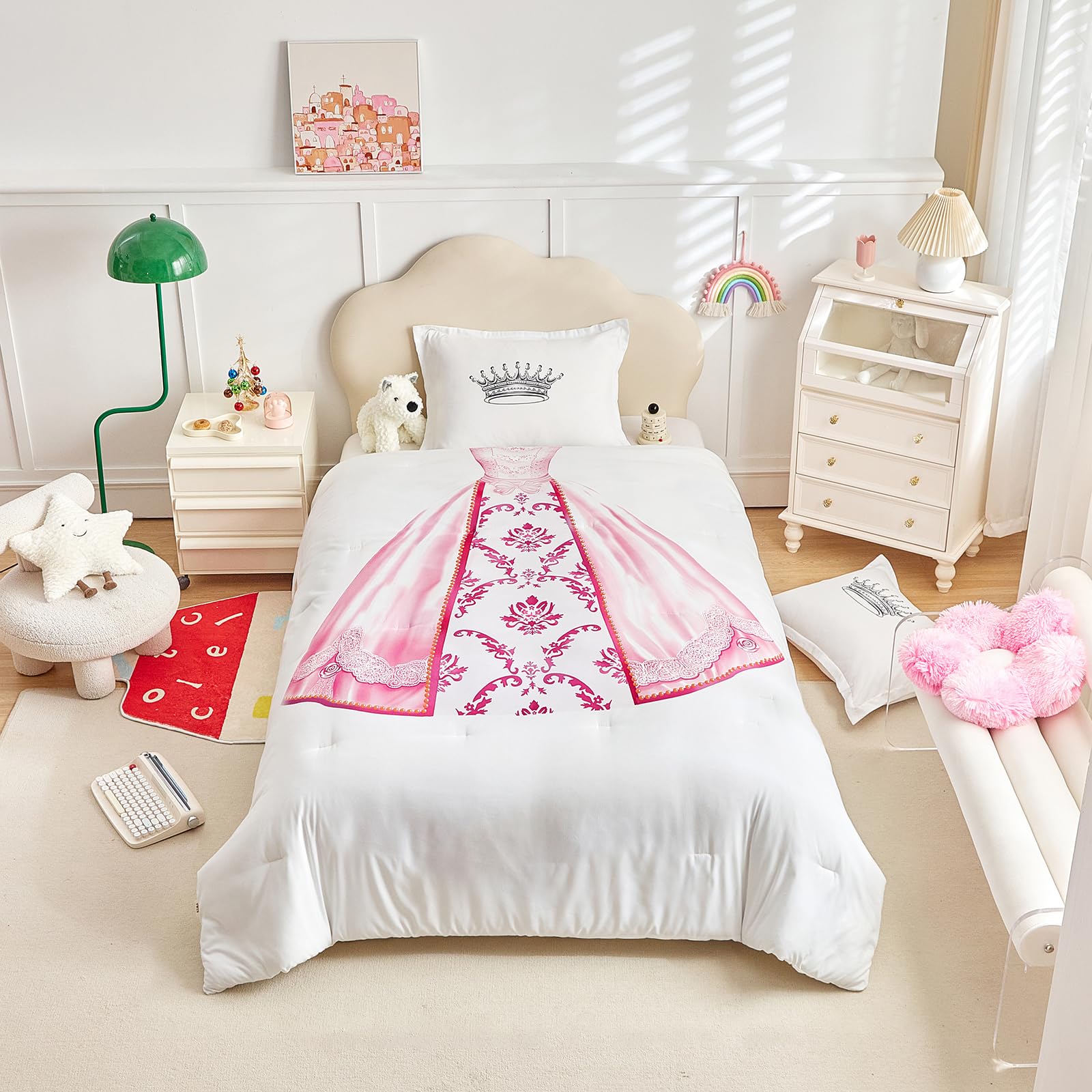 Girls Bed Comforter Set Twin Size 3PC Pink and White Princess Bedding Set with Cute Luxurious Dress Pattern on Comforter and Princess Crown Print on Pillow Shams