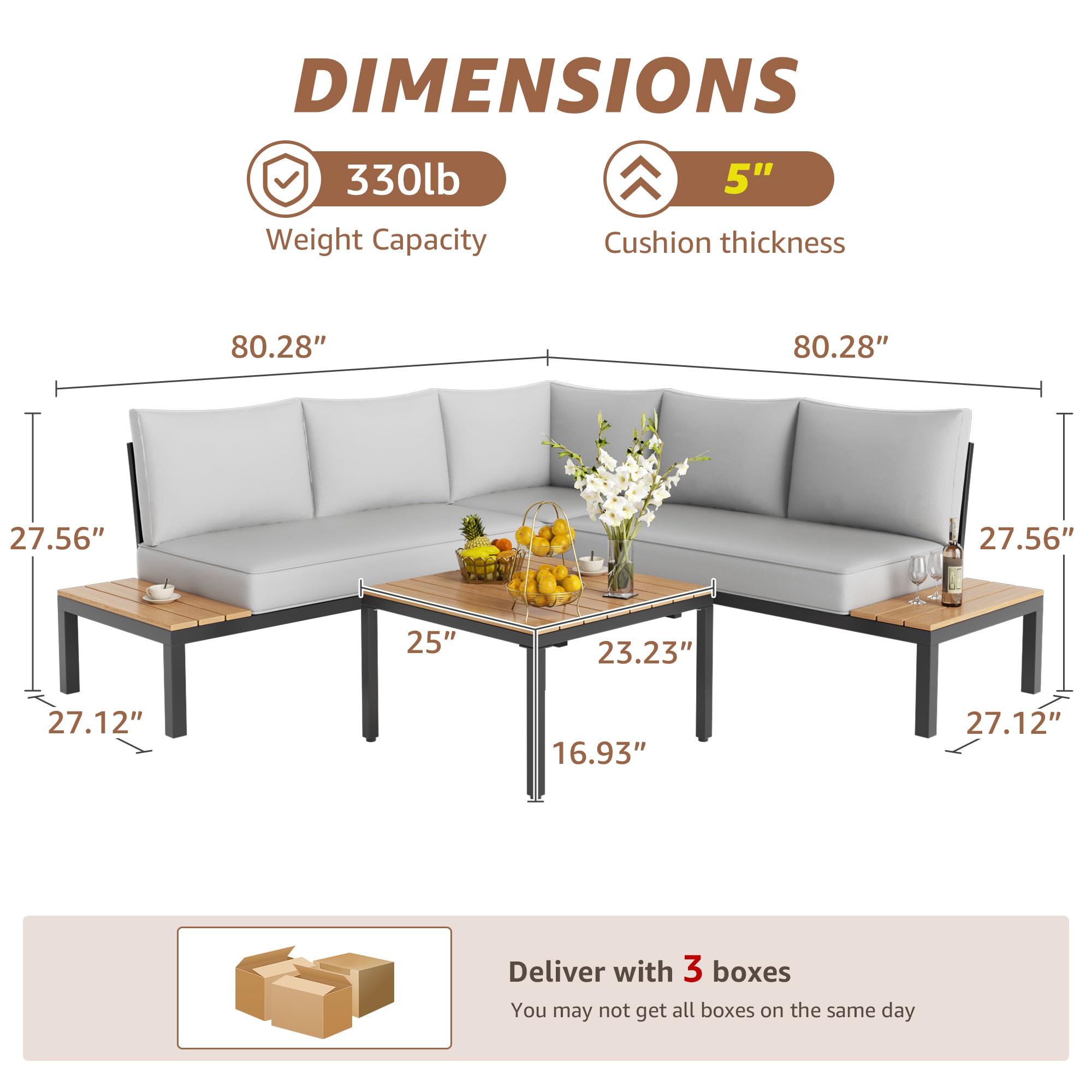 NATURAL EXPRESSIONS Patio Furniture Sets, Metal Outdoor Sectional L Shape Corner Sofa Outdoor Couch with Detachable Backrest,3 Fuaxwood Tables, Grey Thick Olefin Cushions for Yard,Garden