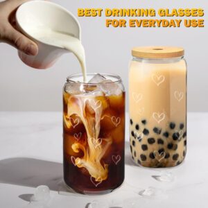 Heart Patterened Iced Coffee Cup with Bamboo Top + Glass Straw | 16oz Can Shaped Glass | Smoothie Glass | Cute Tumbler Cup