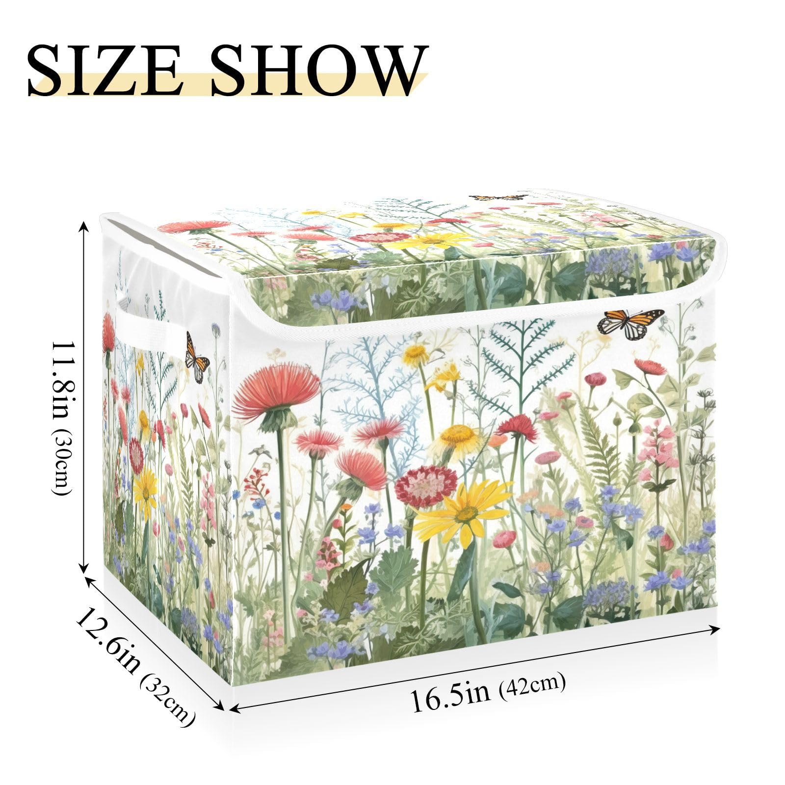 KEEPREAL Wildflowers Butterfly Storage Basket Bin with lid, Large Cube Storage Box Collapsible Storage Organizer for Home Office Closet - 16.5 L x 12.6 W x 11.8 H（51）