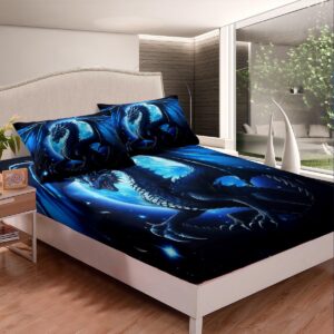 Dragon Fitted Sheet Twin Size,Starry Sky Moon Night Bedding Set 2Pcs for Kids Boys Teens Men Room Decor,3D Animals Bed Sheet Western Dragon Black Blue Deep Pocket Sheet,1 Pillowcase