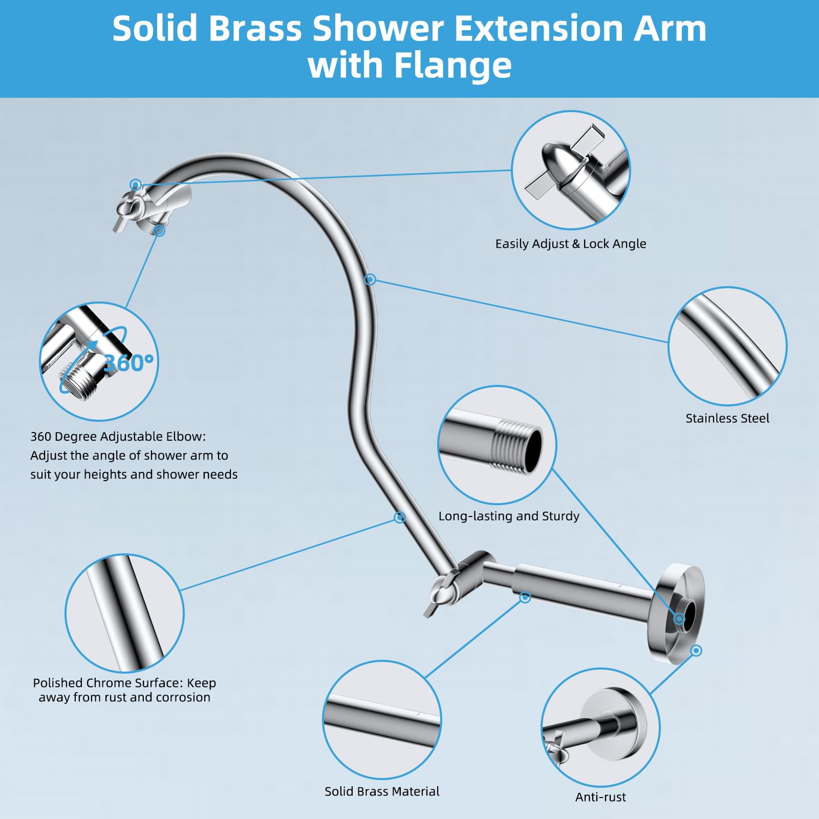 Hibbent All Metal Upgraded 18'' Shower Head Extension Arm, Shower Arm with Flange, Solid Brass Flexible Height & Angle Adjustable Shower Arm Extender with Lock Joint, Universal Connection, Chrome