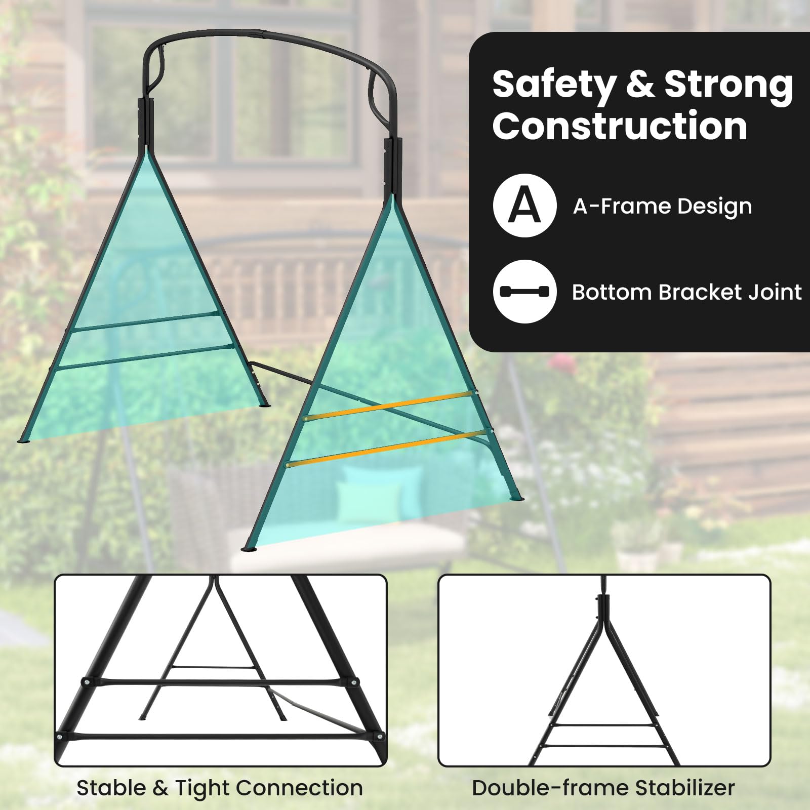 HAPPYGRILL Porch Swing Stand, Heavy Duty Metal Hanging Swing Frame with 2-Point/Single-Point Hanging, A-Frame Swing Stand for Indoor Outdoor Patio Backyard Fits for Most Swings