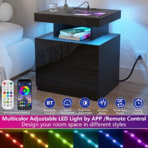 HOMMPA Black LED Nightstand with Charging Station 2 Outlets USB Port Type C, Bed Side Table with 2 Drawers & Wireless Charging Station, Smart LED Nightstand Modern High Gloss Night Table with Light