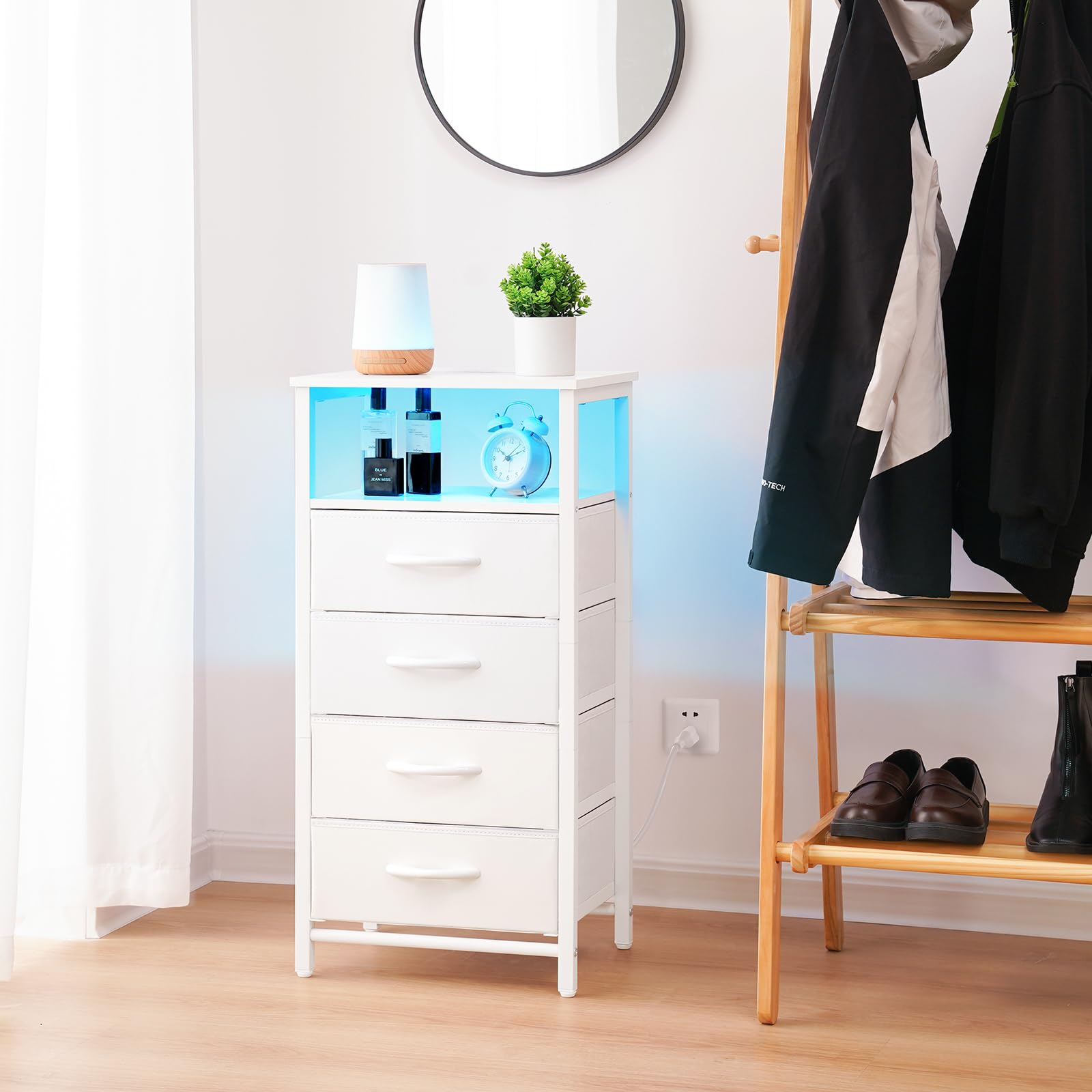 Yoobure Night Stand - LED White Nightstand with Charging Station, Bedside Table with 4 Storage Drawers and Storage Shelf, End Table with USB Ports and Outlets, Tall Dresser for Bedroom