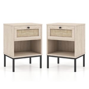 Giantex Rattan Nightstands with Drawer Set of 2, Boho Side Tables with 4 Metal Legs and Open Storage Shelf, Farmhouse Night Stands for Small Spaces, 2 Tier Bedside Tables for Bedroom Office, Oak