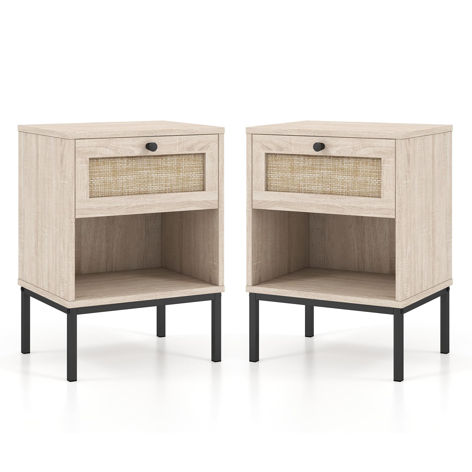 Giantex Rattan Nightstands with Drawer Set of 2, Boho Side Tables with 4 Metal Legs and Open Storage Shelf, Farmhouse Night Stands for Small Spaces, 2 Tier Bedside Tables for Bedroom Office, Oak