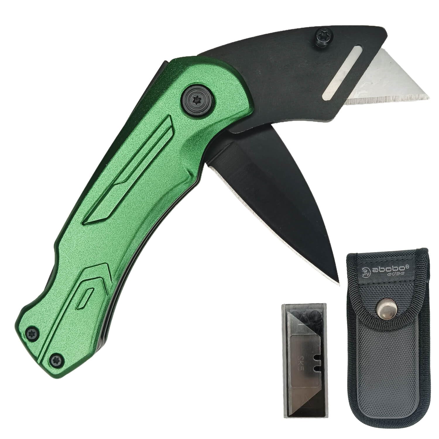 Heavy Duty Folding Utility Knife Double Blade/Box Cutter/Work Knife/Shop Knife&10 Replacement Blades+Nylon Pouch Green