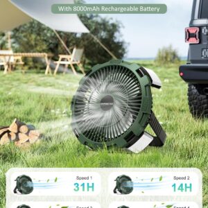 Camping Fan with LED Lantern, 8000mAh Rechargeable Battery Powered Tent Fan for Camping Hanging, Camping Outdoor Fan with Remote, 4 Speed Camping Fan for Tents,Travel,Home,Fishing,Sleep,Emergency