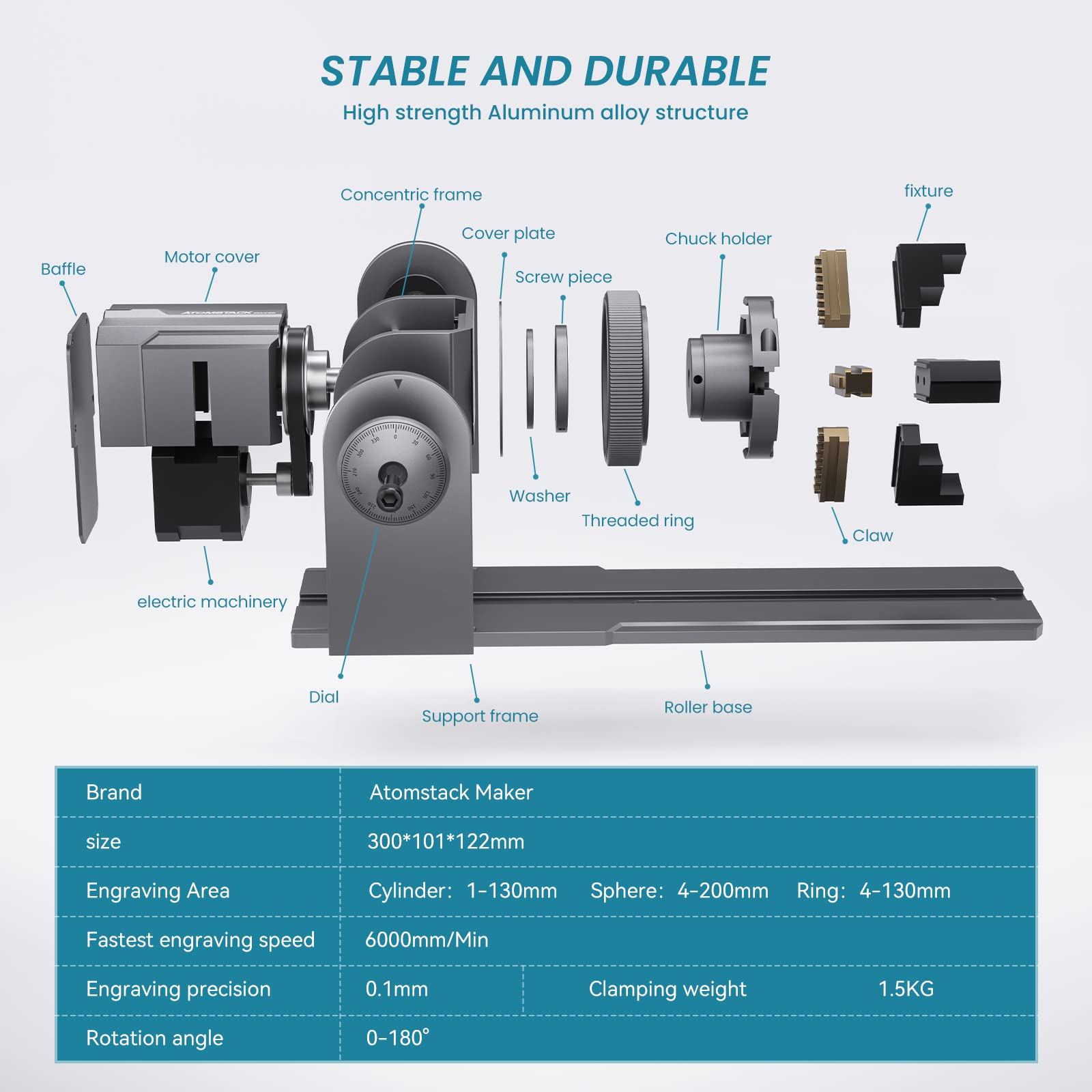 ATOMSTACK MAKER R1 PRO Chuck and Rotary Roller for Laser Engraver, 4-in-1 Laser Roller Rotary, 180° Adjustable Chuck with 3 Jaws for Engraving Rings, Irregular Items, Spherical & Cylindrical Objects