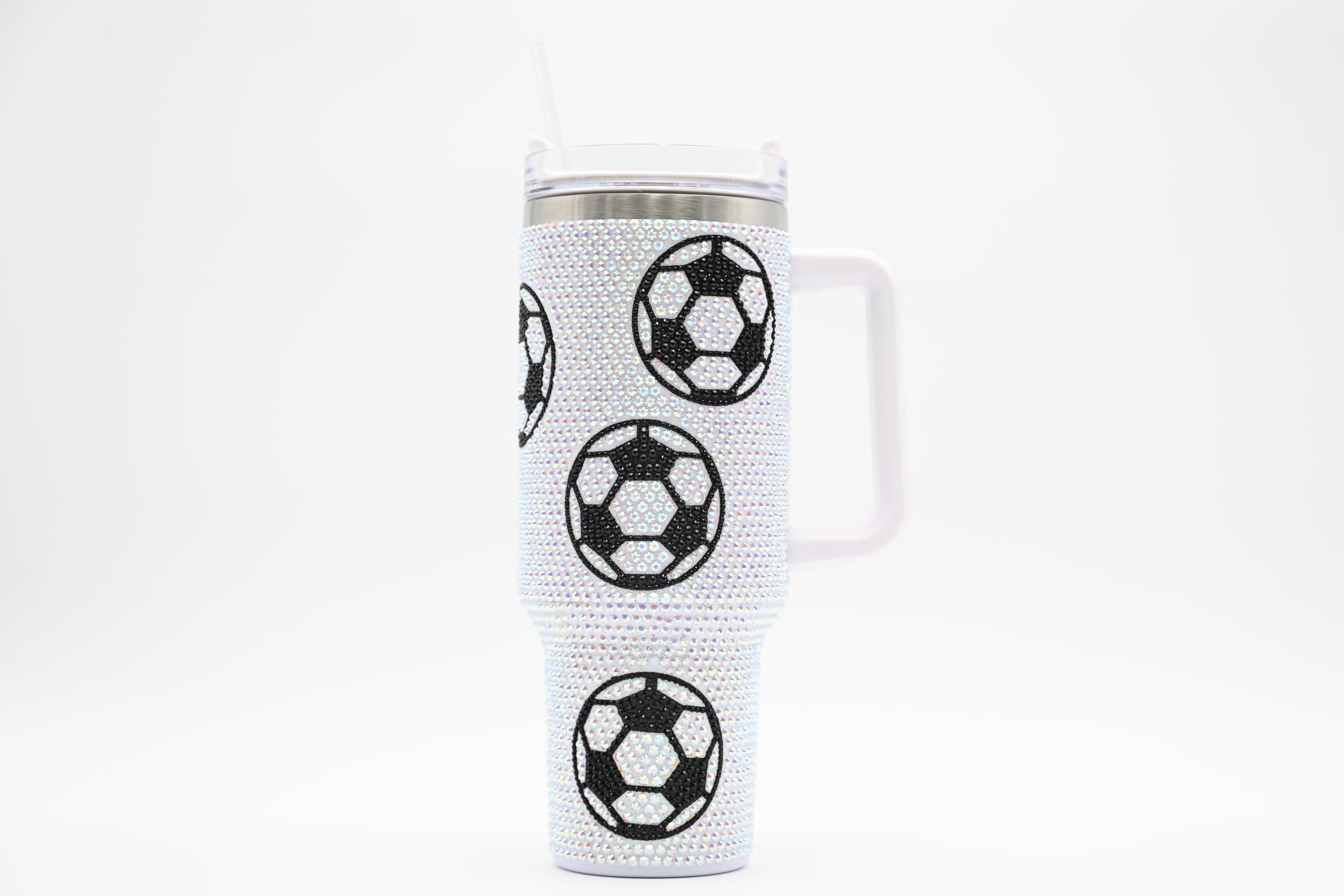 SEM LIFE 40 Oz Rhinestone Bling Tumbler with Handle and Straw (SOCCER), Stainless Steel and Double Wall Insulated