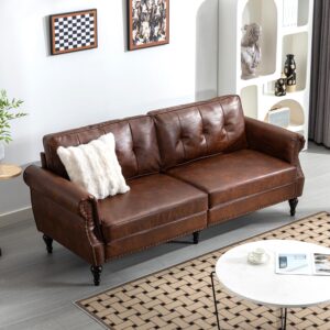 DIFY 80” Leather Faux Loveseat Sofa, Mid-Century Modern Couch with Soft Cushion and Firm Structure, Perfect Furniture for Living Room, Bedroom, Small Space.(Dark Brown)