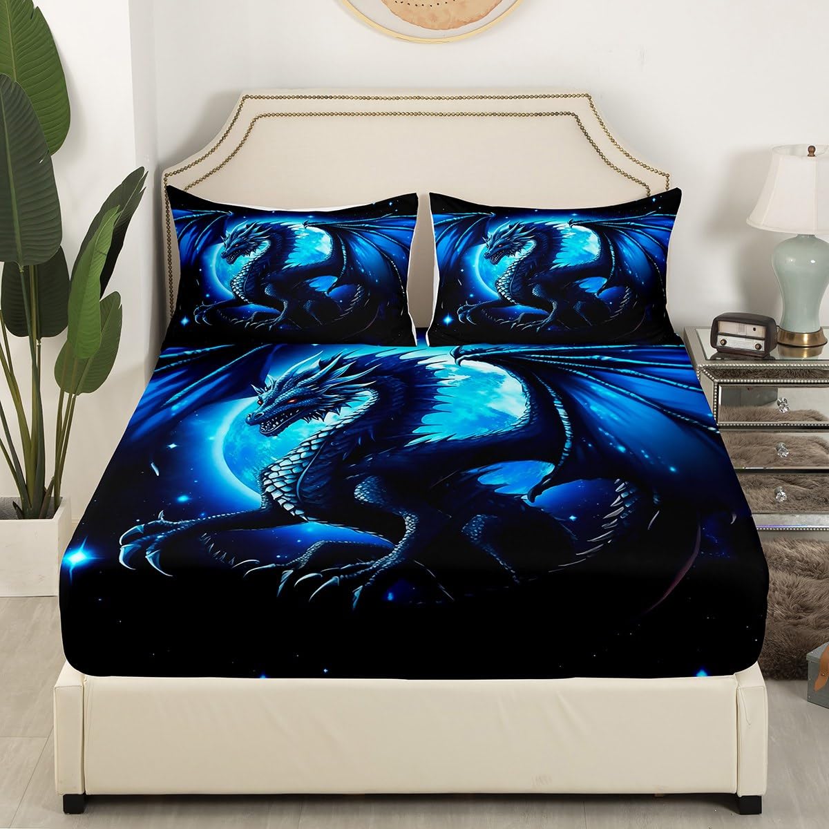 Dragon Fitted Sheet Twin Size,Starry Sky Moon Night Bedding Set 2Pcs for Kids Boys Teens Men Room Decor,3D Animals Bed Sheet Western Dragon Black Blue Deep Pocket Sheet,1 Pillowcase