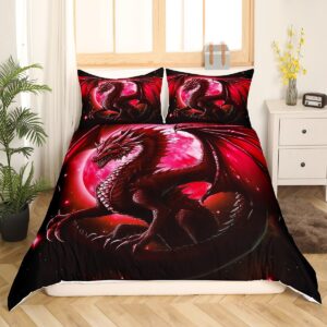 Dragon Duvet Cover Set Twin Size,Starry Sky Moon Night Bedding Set for Kids Boys Teens Women Bedroom Decor,3D Animals Comforter Cover Western Dragon Black Red Quilt Cover,1 Pillowcase