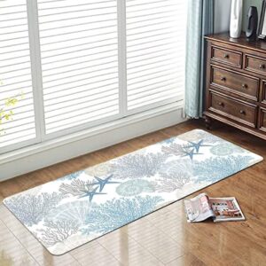 Beach Coastal Runner Rug for Hallway 2x6 Starfish Ocean Theme Throw Rug Teal Blue Area Rug Nautical Hallway Rugs Non-Slip Floor Carpet for Bedroom Laundry Room Entrance Door Mat Washable Kitchen Rugs