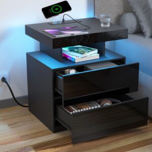 HOMMPA Black LED Nightstand with Charging Station 2 Outlets USB Port Type C, Bed Side Table with 2 Drawers & Wireless Charging Station, Smart LED Nightstand Modern High Gloss Night Table with Light