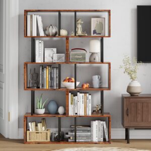 Furologee 6-Tier Bookshelf, Tall S-Shaped Geometric Bookcase, Industrial Freestanding Display Shelf Unit, Wood and Metal Decorative Room Divider for Living Room Bedroom, Home Office, Rustic Brown